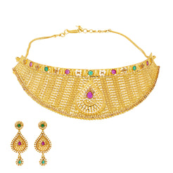 22K Yellow Gold Choker Necklace Set w/ Emeralds & Rubies (61.6gm)