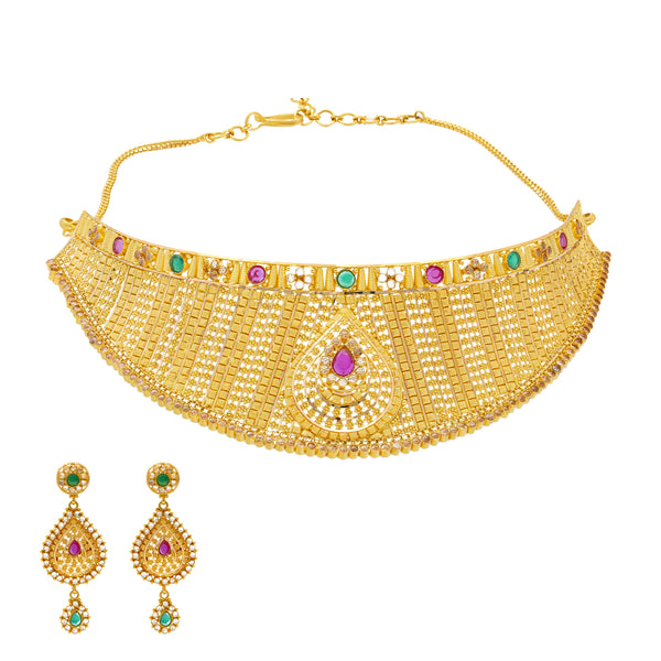 22K Yellow Gold Choker Necklace Set w/ Emeralds & Rubies (61.6gm) | 


This stunning 22k yellow gold Indian jewelry set is brimming with cultural sophistication and ...