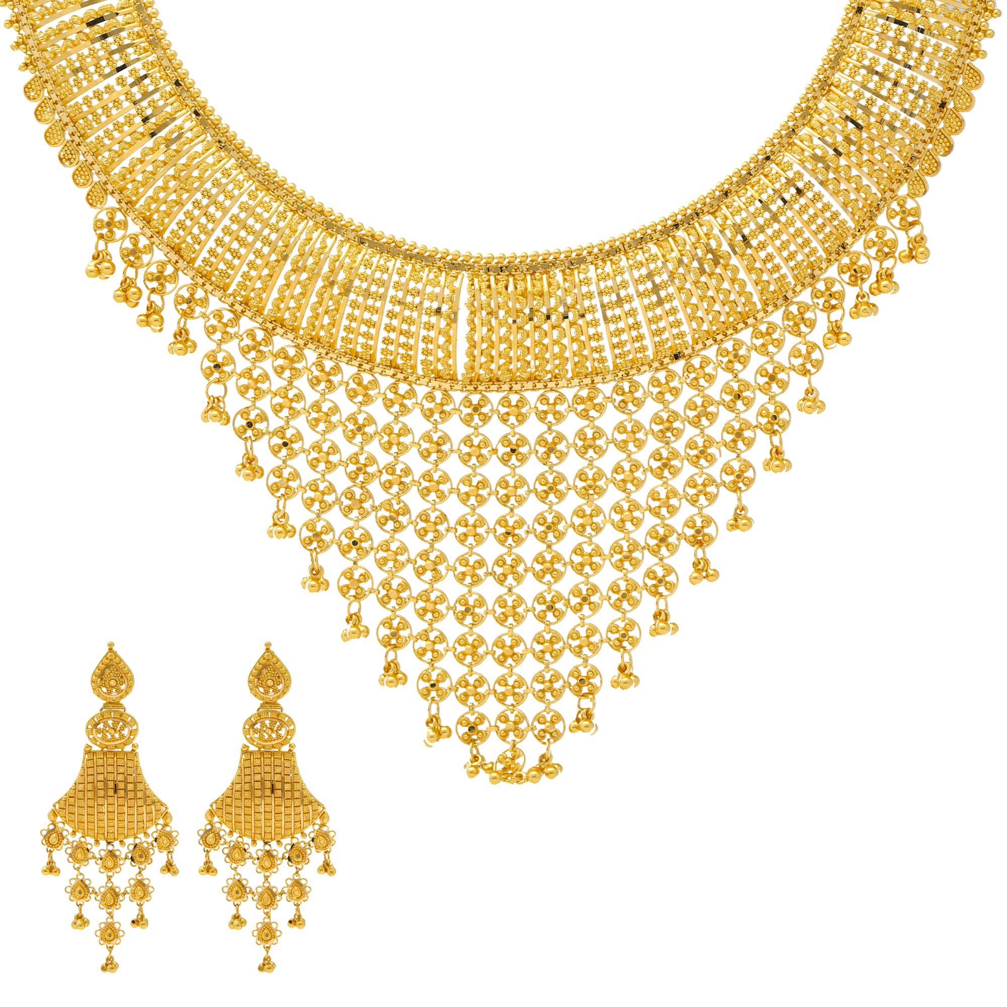 Traditional South Indian Gold Platted Temple Laxmi Design Semi Bridal Jewellery  Set With 1 Short Necklace Set 1 Long Necklace Set 1 Kamarband (Hip Belt) 1  Maangtika And Pair Of Earrings Along With Golden Pearls.