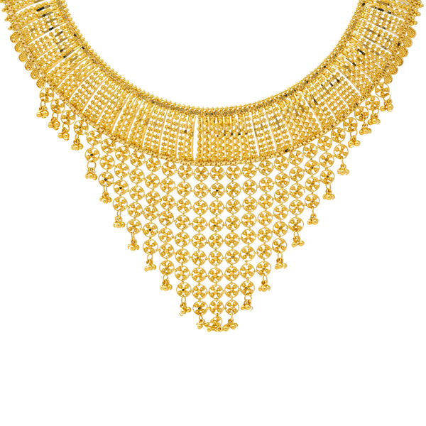 22K Yellow Gold Necklace Set (102.9gm) | 


Wear this beautiful 22k Indian gold necklace and earring set for any special occasion that cal...
