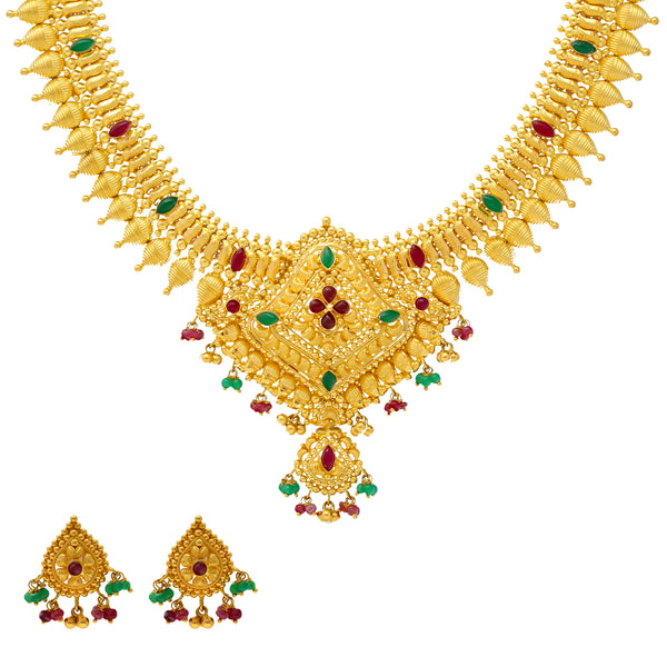 22K Yellow Gold Necklace Set w/ Emeralds & Rubies (51.1gm) | 


Uniquely elegant, this colorful 22k gold necklace and stud earring set has all the frills and ...