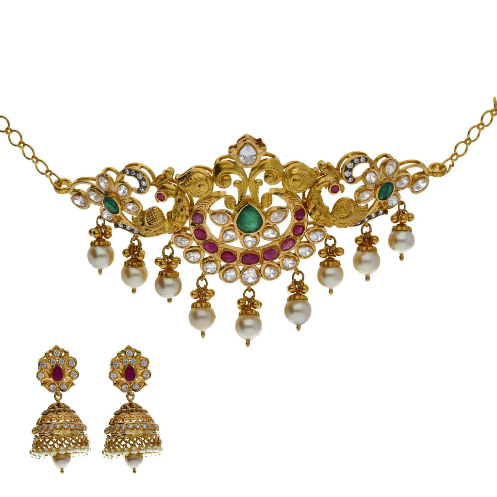 An image of a 22K gold jewelry set from Virani Jewelers | Looking to add luxurious and versatile jewelry to your wardrobe? This 22K yellow antique gold set...