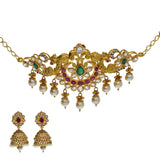 22K Yellow Antique Gold 2-in-1 Choker/Vanki & Jhumki Earrings Set W/ Kundan, Emerald, Pearls & Crescent Accents - Virani Jewelers | 



Add a unique twist of versatility to your wardrobe this season with the addition of pieces li...