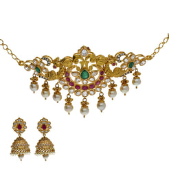 22K Yellow Antique Gold 2-in-1 Choker/Vanki & Jhumki Earrings Set W/ Kundan, Emerald, Pearls & Crescent Accents - Virani Jewelers