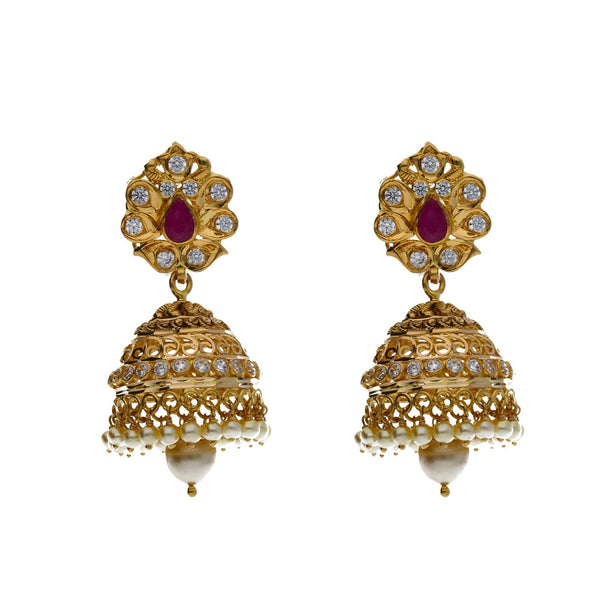 An image of a pair of earrings in a 22K gold jewelry set from Virani Jewelers | Looking to add luxurious and versatile jewelry to your wardrobe? This 22K yellow antique gold set...