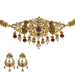 22K Yellow Antique Gold 2-in-1 Choker/Vanki & Chandbali Earrings Set W/ Emerald, Ruby, CZ, Pearls & Feather Peacock Accents - Virani Jewelers