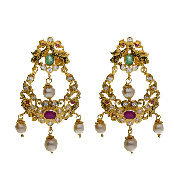 22K Yellow Gold 2-in-1 Choker/Vanki & Chandbali Earrings Set W/ Emerald, Pachi CZ, Hanging Pearls & Darkly Etched Accents - Virani Jewelers | Why tone down your look when you can play it up with the golden radiance of immaculate jewelry li...