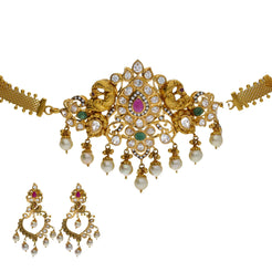 22K Yellow Antique Gold 2-in-1 Choker/Vanki & Earrings Set W/ Emerald, Ruby, CZ, Pearls & Asymettric Earring Designs - Virani Jewelers