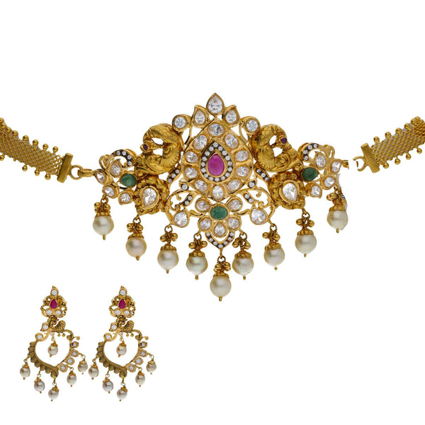 An image of a beautiful 22K yellow gold jewelry set from Virani Jewelers | Accessorize elegantly with this 22K yellow gold necklace and earring set from Virani Jewelers!

M...