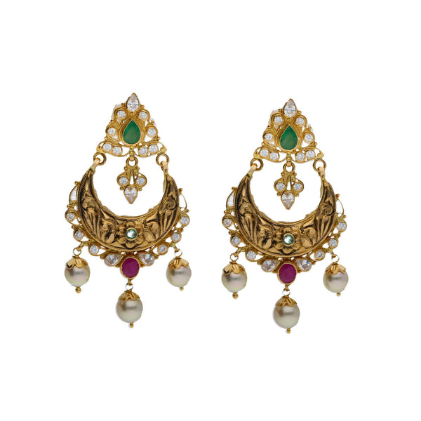 An image of a pair of exquisite Indian earrings from Virani Jewelers | Searching for elegant 22K yellow gold jewelry to complement your formal attire? Check out this Va...