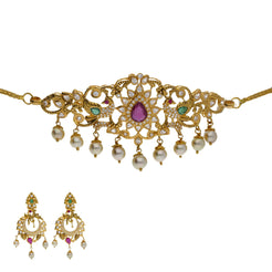 22K Yellow Antique Gold 2-in-1 Choker/Vanki & Chandbali Earrings Set W/ Emerald, Ruby, CZ, Pearls & Open Starburst Design - Virani Jewelers