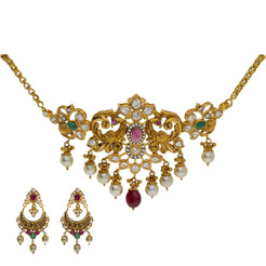 22K Yellow Antique Gold 2-in-1 Choker/Vanki & Chandbali Earrings Set W/ Emerald, Ruby, CZ, Pearls & Double Peacock Design - Virani Jewelers