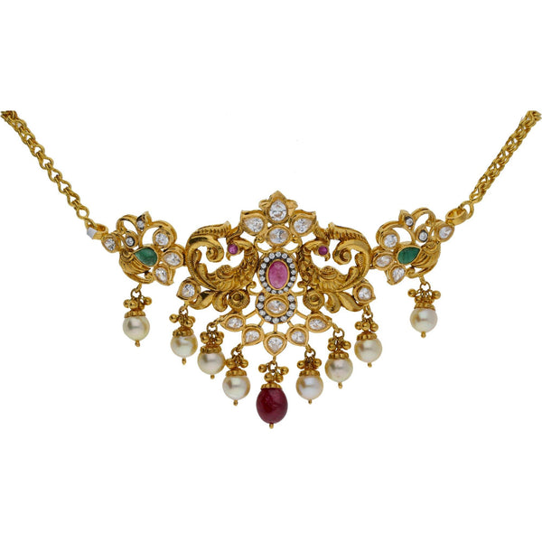 An image of a beautiful 22K yellow gold necklace with radiant gemstones from Virani Jewelers | Use this 22K yellow gold set from Virani Jewelers to accessorize with elegance!

Includes convert...
