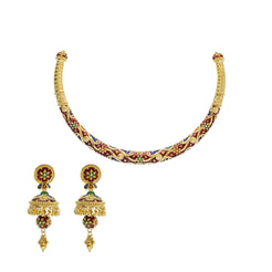 22K Yellow Gold Hasdi Necklace & Jhumki Earrings Set W/ Enamel Hand Paint & Starlight Design - Virani Jewelers