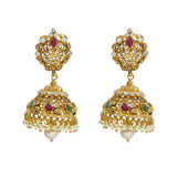 An image of a pair of elegant earrings in a jewelry set from Virani Jewelers | Add luster to your wardrobe with this gorgeous 22K yellow antique gold jewelry set from Virani Je...