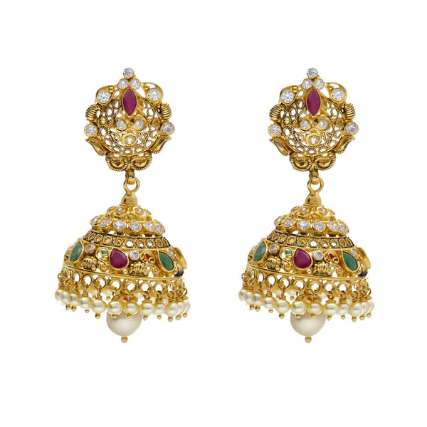 An image of a pair of elegant earrings in a jewelry set from Virani Jewelers | Add luster to your wardrobe with this gorgeous 22K yellow antique gold jewelry set from Virani Je...