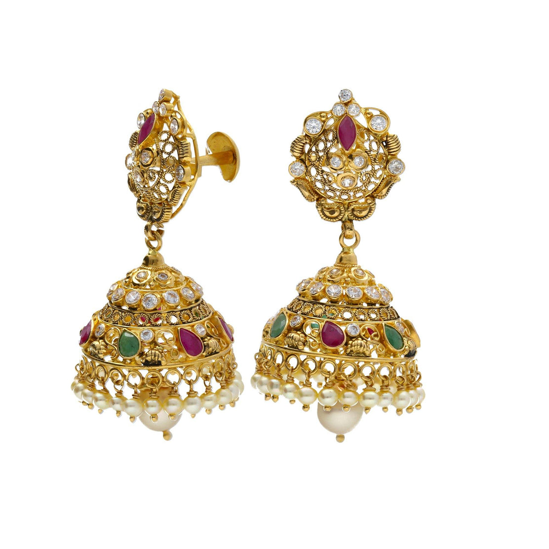 Pair of Indian, Enamelled Gold Earrings set with Large Golconda Diamonds,  Pearls & Emeralds on Michael Backman Ltd