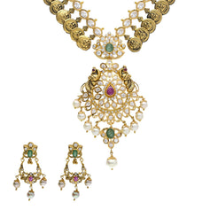 22K Yellow Antique Gold Necklace & Chandbali Earrings Set W/ Laxmi Kasu, Pachi CZ, Emeralds, Rubies & Pearls - Virani Jewelers