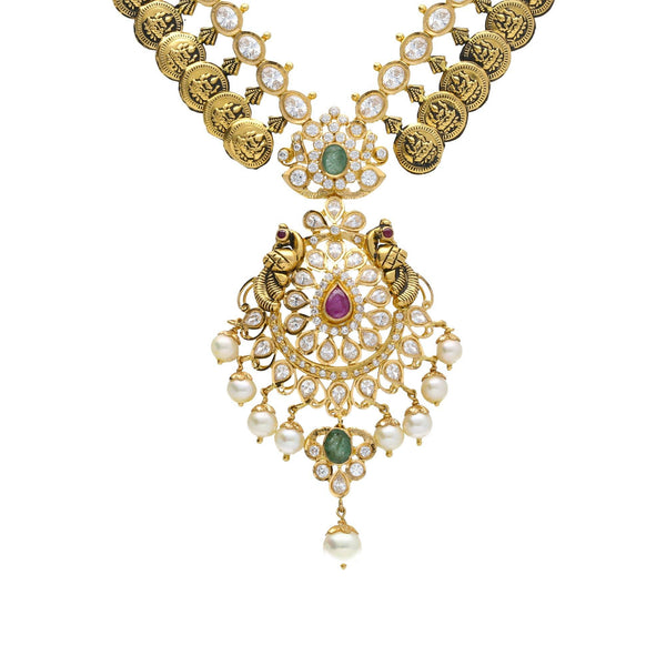 22K Yellow Antique Gold Necklace & Chandbali Earrings Set W/ Laxmi Kasu, Pachi CZ, Emeralds, Rubies & Pearls - Virani Jewelers | 


Behold the sacred beauty and unique details of culture as design with this 22K yellow gold ant...
