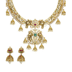 An image of a stunning 22K yellow gold necklace and earring set from Virani jewelers