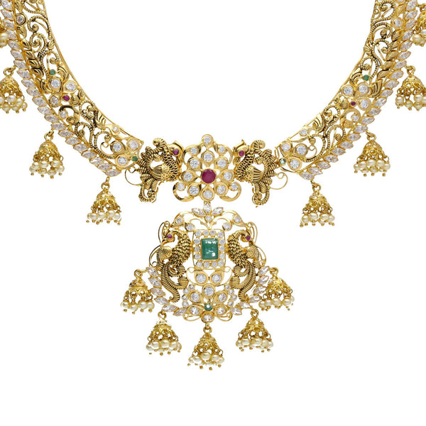 An image of a 22K yellow gold chandelier necklace with emerald, pearl, ruby, and CZ accents from Virani Jewelers | Looking for elegant statement pieces to add to your wardrobe? This 22K yellow antique gold set fr...