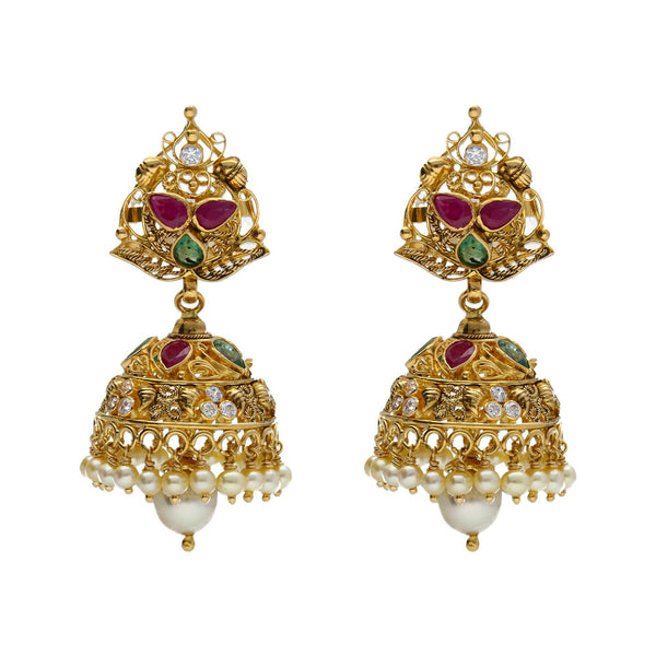 An image of elegant 22K yellow gold earrings from Virani Jewelers | Looking for elegant statement pieces to add to your wardrobe? This 22K yellow antique gold set fr...