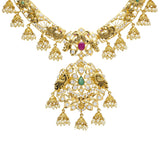 An image of a beautiful 22K yellow gold necklace with elegant designs from Virani Jewelers | Add luster to your wardrobe with this gorgeous 22K yellow antique gold jewelry set from Virani Je...