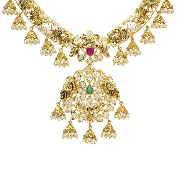 An image of an intricate Indian necklace from Virani Jewelers | Introduce your wardrobe to 22K yellow gold jewelry with this exquisite set from Virani Jewelers!
...
