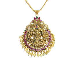 22K Yellow Antique Gold Laxmi Pendant W/ Pearls, Emeralds, Rubies & Peacock Accents - Virani Jewelers