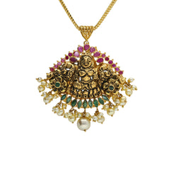 22K Yellow Antique Gold Laxmi Pendant W/ Fanned Display Pearls, Emeralds & Rubies - Virani Jewelers