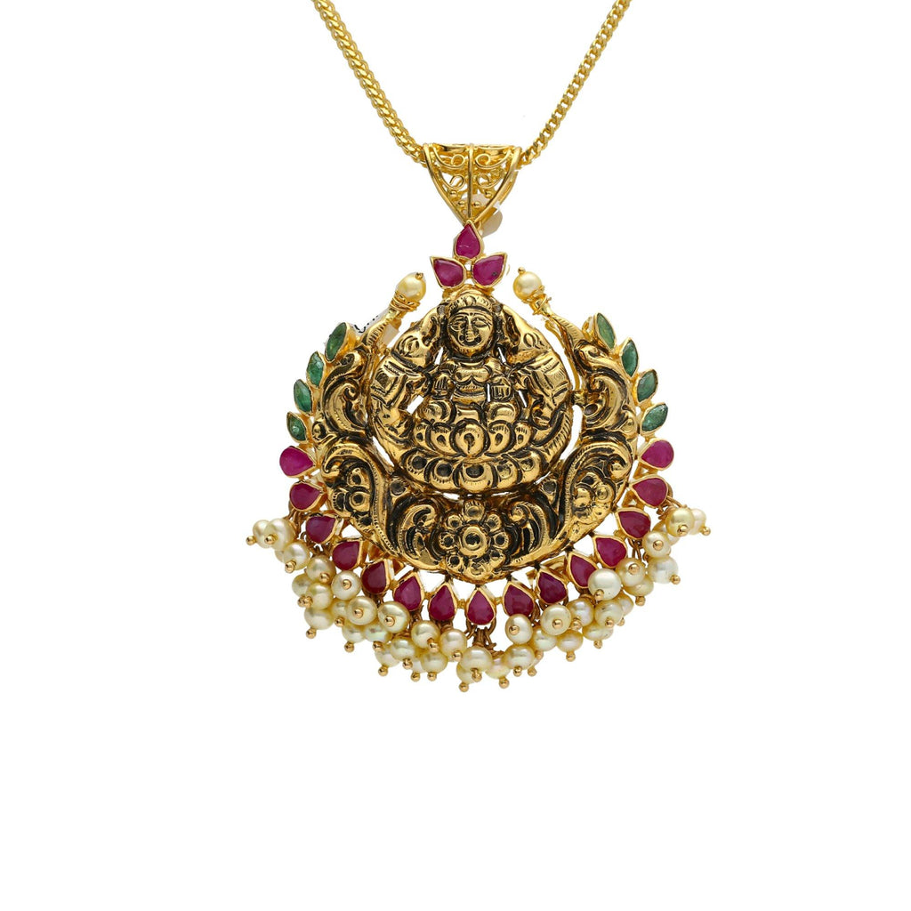 22K Yellow Antique Gold Laxmi Pendant W/ Wreath Pearls, Emeralds & Rubies - Virani Jewelers | 


Enjoy the lovely displays of precious gemstones surrounding the finest artisanal designs of an...
