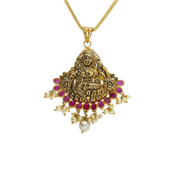 22K Yellow Antique Gold Laxmi Pendant W/ Underlining Rubies & Pearls - Virani Jewelers