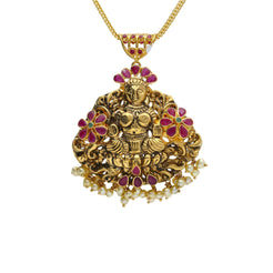 22K Yellow Antique Gold Laxmi Pendant W/ Emeralds, Rubies, Pearls & Flower Accents - Virani Jewelers
