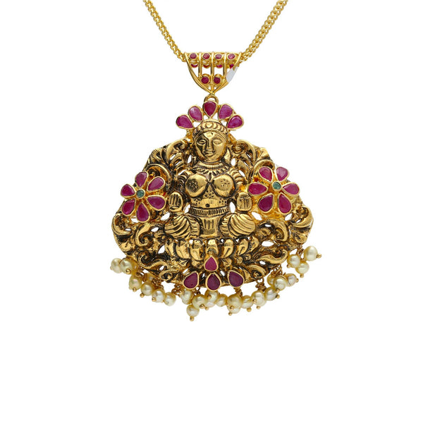 22K Yellow Antique Gold Laxmi Pendant W/ Emeralds, Rubies, Pearls & Flower Accents - Virani Jewelers | 


Beautify your simplest 22K gold chains with significant pieces like this 22K yellow antique go...