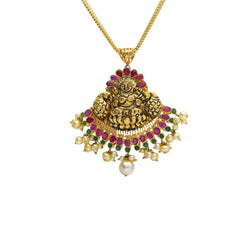 22K Yellow Antique Gold Laxmi Pendant W/ Emeralds, Rubies, Pearls & Fanned Design - Virani Jewelers
