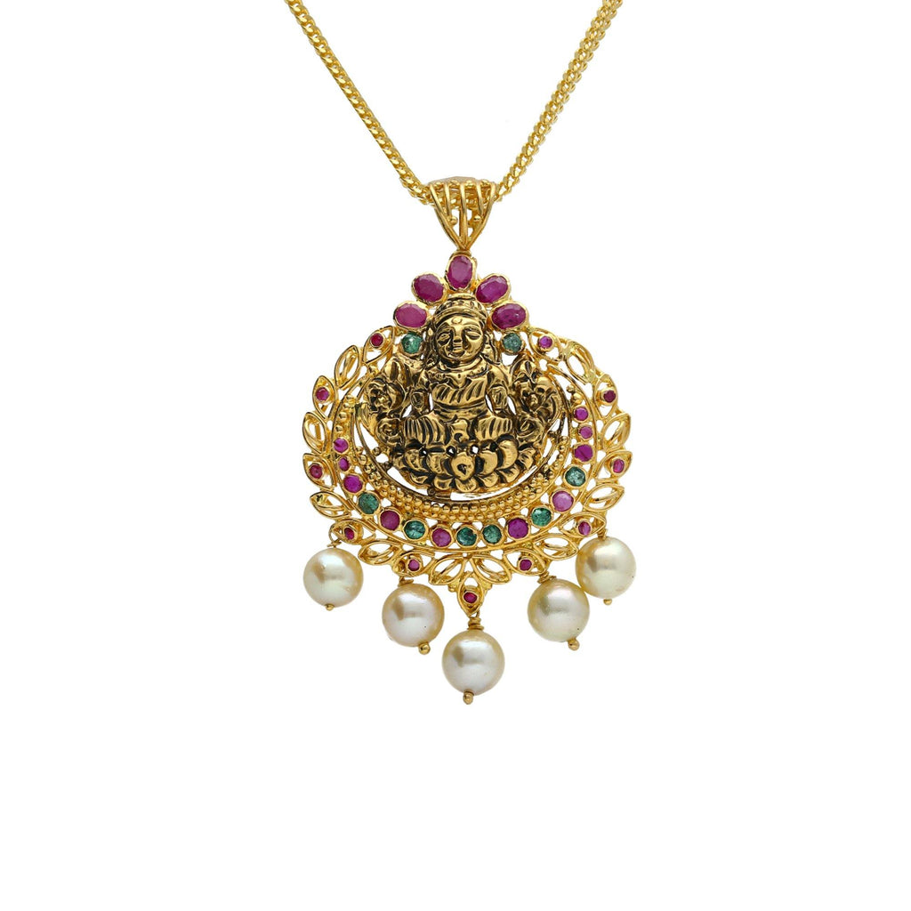 22K Yellow Antique Gold Laxmi Pendant W/ Rubies, Emeralds & Five Drop Pearls - Virani Jewelers | 



Create an elegant ensemble with the complements of antique gold and precious gemstones from u...