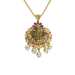 22K Yellow Antique Gold Laxmi Pendant W/ Rubies, Emeralds & Five Drop Pearls - Virani Jewelers