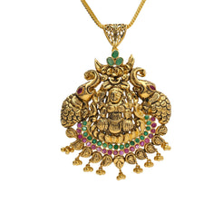 22K Yellow Antique Gold Laxmi Pendant W/ Rubies, Emeralds & Large Elephant Accents - Virani Jewelers