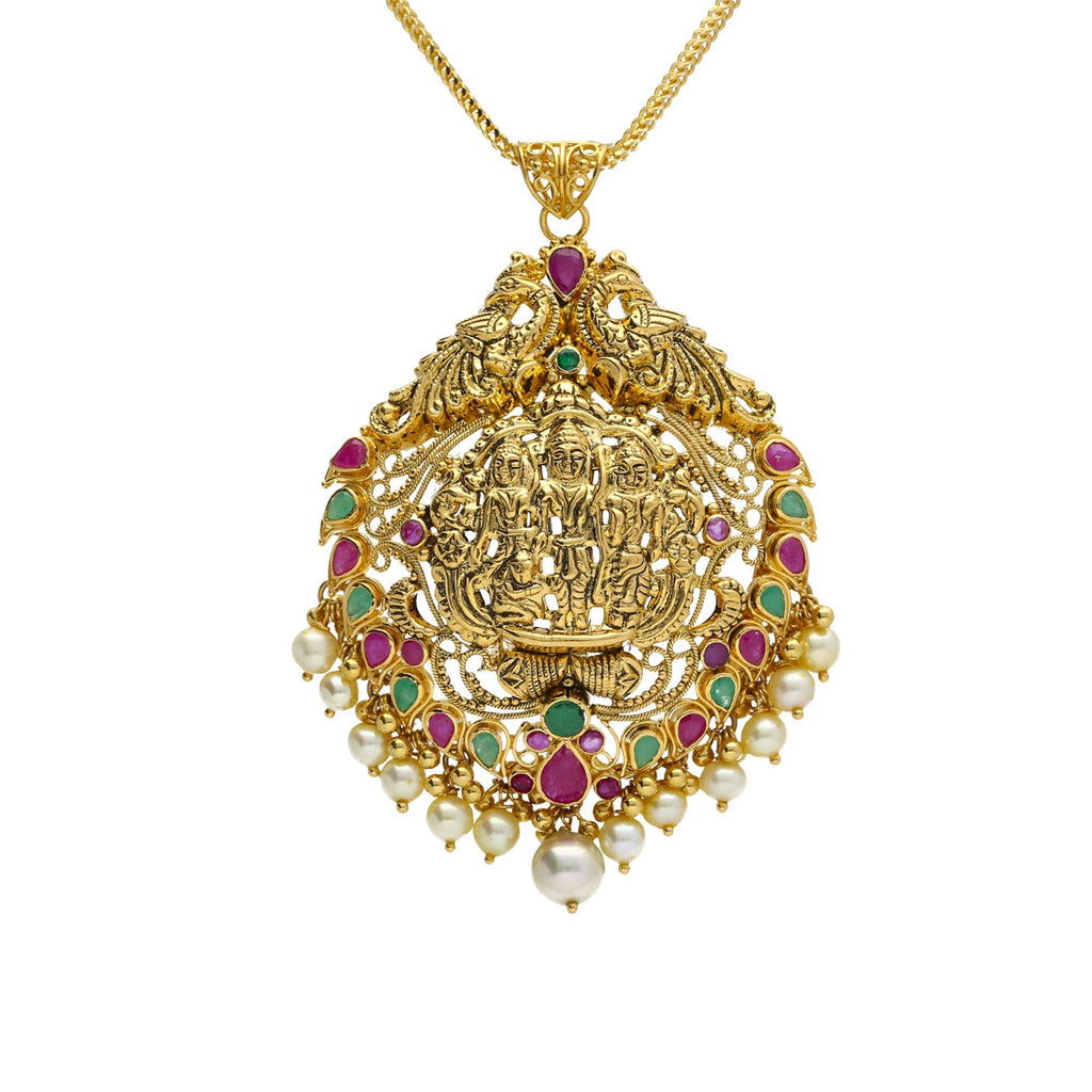 22K Yellow Antique Gold Ram Parivar Pendant W/ Pearls, Emeralds, Rubies & Peacock Accents - Virani Jewelers | 



Create statement looks with your beautiful Temple pieces such as this 22K yellow antique gold...