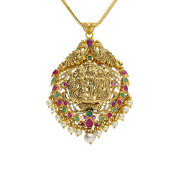 22K Yellow Antique Gold Ram Parivar Pendant W/ Pearls, Emeralds, Rubies & Peacock Accents - Virani Jewelers