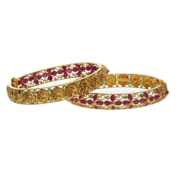 22K Yellow Gold Studded Flower Bangles Set of 2 W/ Emeralds, Rubies & Peacock Coins - Virani Jewelers | 



Flowers and gold coins are perfect accents to create feminine allure like this set of two 22K...