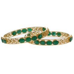22K Yellow Gold Studded Emerald Bangles Set of 2 W/ Open Paisley Frame - Virani Jewelers