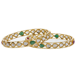 22K Yellow Gold Studded Stone Bangles Set of 2 W/ Precious CZ, Emeralds & Rubies - Virani Jewelers