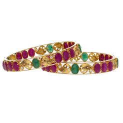 22K Yellow Gold Bangles Set of 2 W/ CZ, Rubies, Emeralds & Abstract Mango Accents - Virani Jewelers