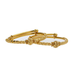 22K Yellow Gold Adjustable Baby Bangles Set of 2 W/ Detailed Gold Beads & Pronounced Filigree - Virani Jewelers
