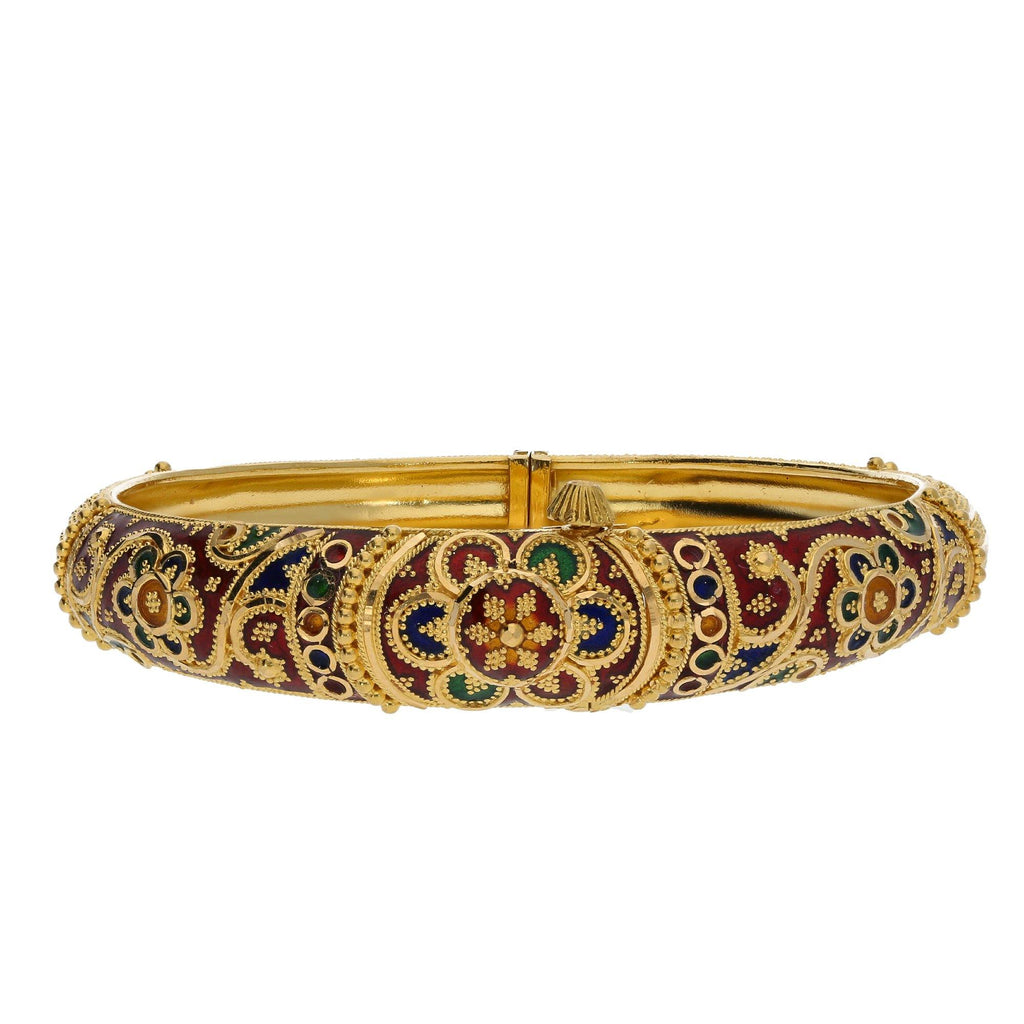 22K Yellow Gold Meenakari Screw Bangle W/ Paisley Floral Design - Virani Jewelers | 


Enjoy the bright and colorful aspects of hand painted Meenakari with this brilliant 22K yellow...