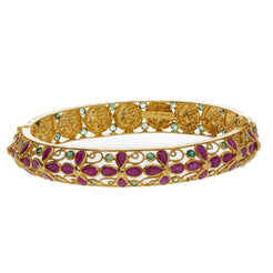 22K Yellow Gold Studded Flower Bangle W/ Emeralds, Rubies & Peacock Coins - Virani Jewelers