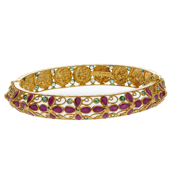 22K Yellow Gold Studded Flower Bangle W/ Emeralds, Rubies & Peacock Coins - Virani Jewelers | 


A woman can never go wrong when flowers are part of her ensemble, especially in pieces like th...
