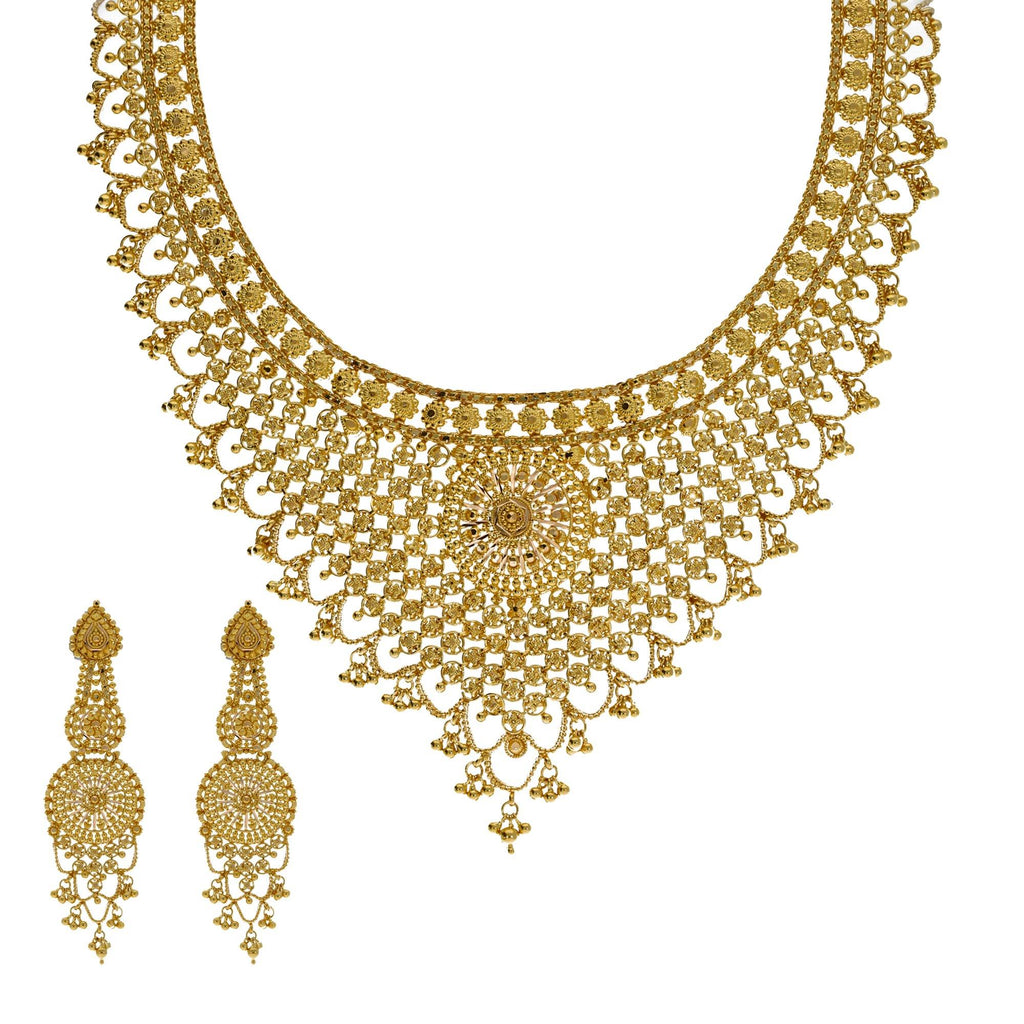 22K Yellow Gold Necklace & Earrings Set W/ Interlocked V-Stole Design - Virani Jewelers | 



Elongate the graceful neckline of any outfit with this unique 22K yellow gold necklace and ea...