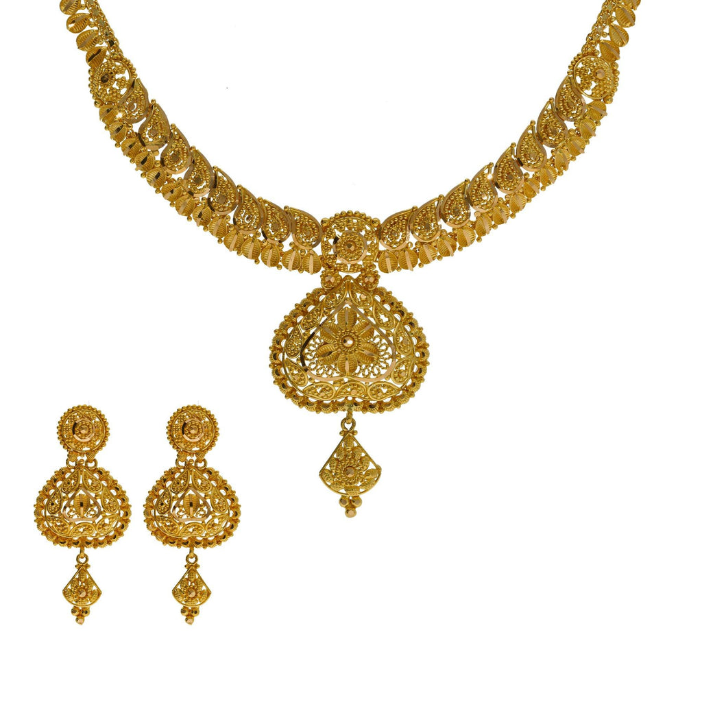 22K Yellow Gold Mango Necklace & Earrings Set W/ Beaded Filigree & Domed Scallop Pendants - Virani Jewelers | 



Bring luxury to your wardrobe with exquisite pieces like this 22K yellow gold necklace & ...